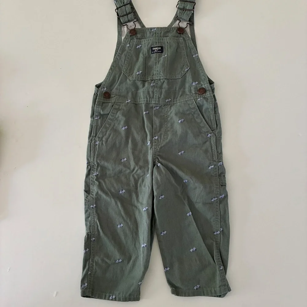OshKosh B'gosh Toddler 2T Sage Green Car Bib Overalls Vestbak Play